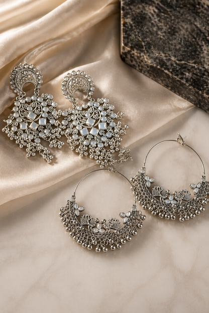 luxury oxidized silver earrings in box
