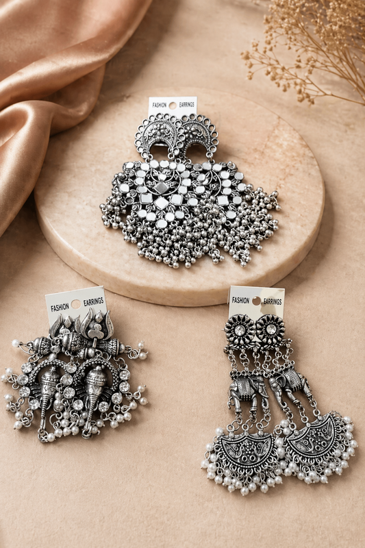 oxidized silver elephant chandelier earrings with pearl drops
