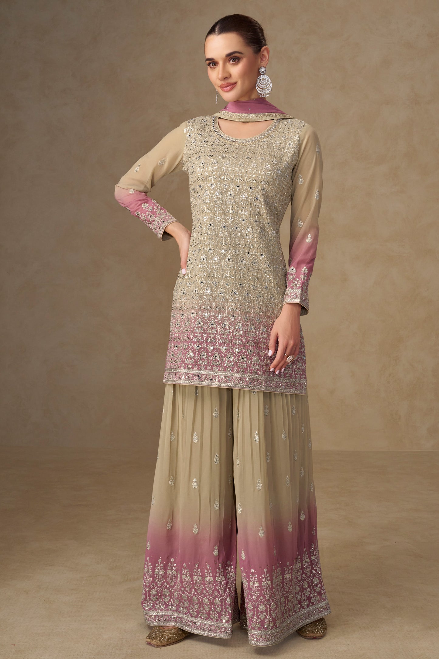 Beige Pakistani palazzo suit front view