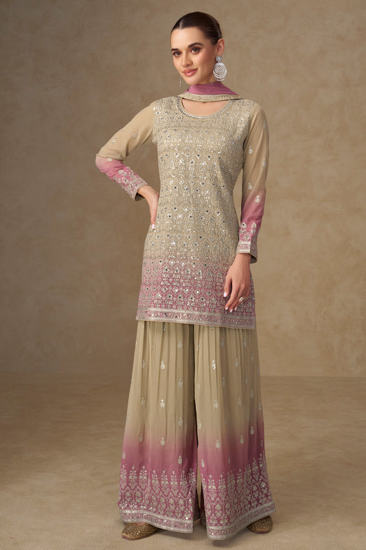 Beige Pakistani palazzo suit front view