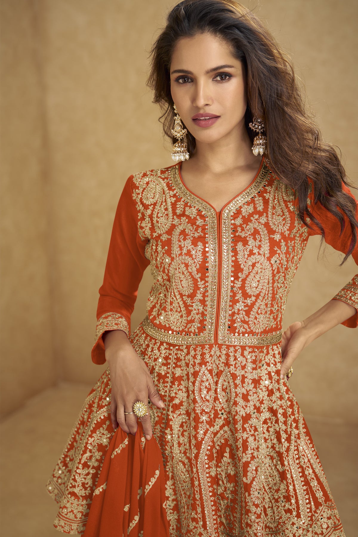 Pakistani Plazzo Dress in orange with mirror work front view
