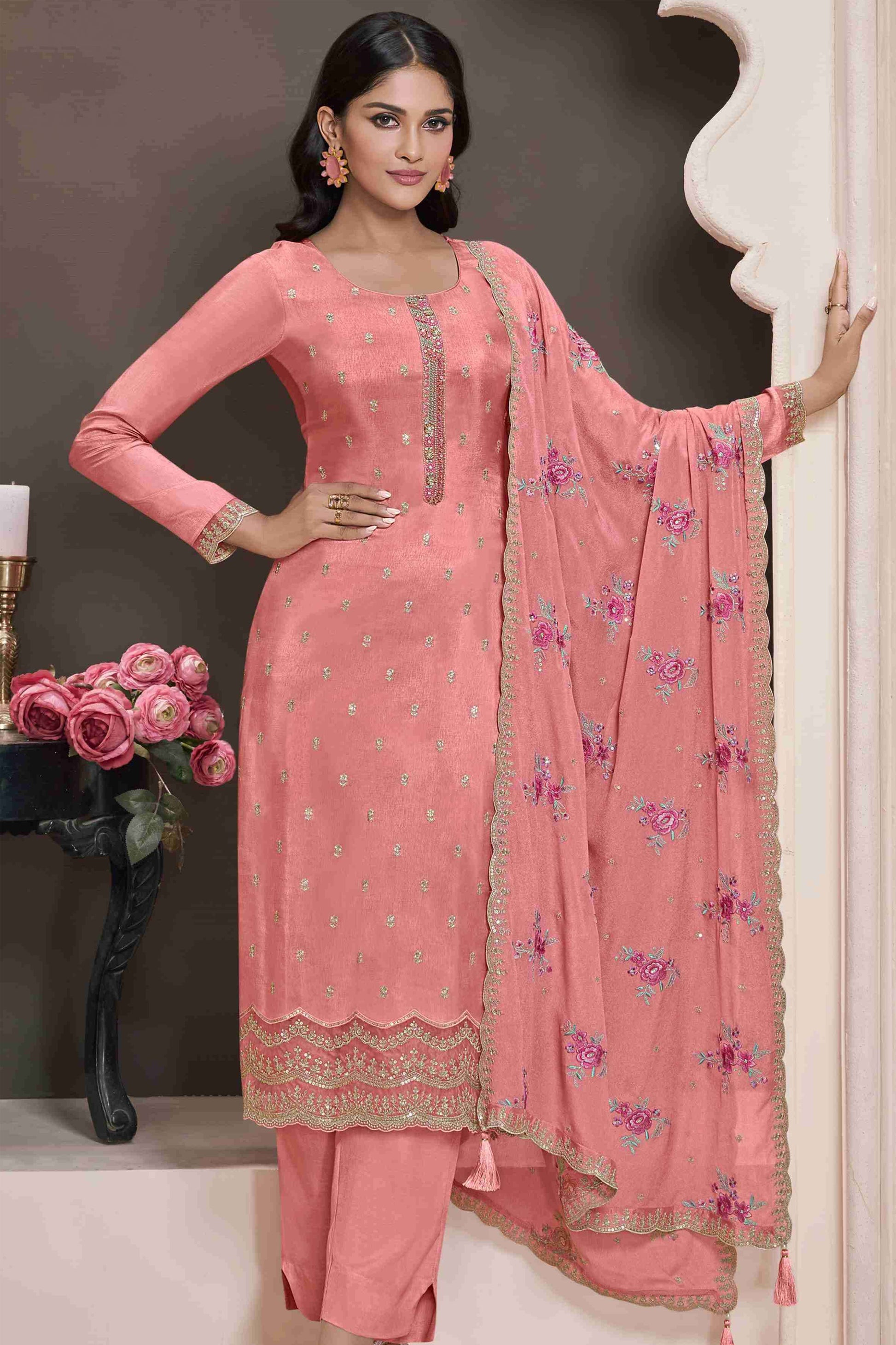 peach embroidered salwar kameez online full outfit view
