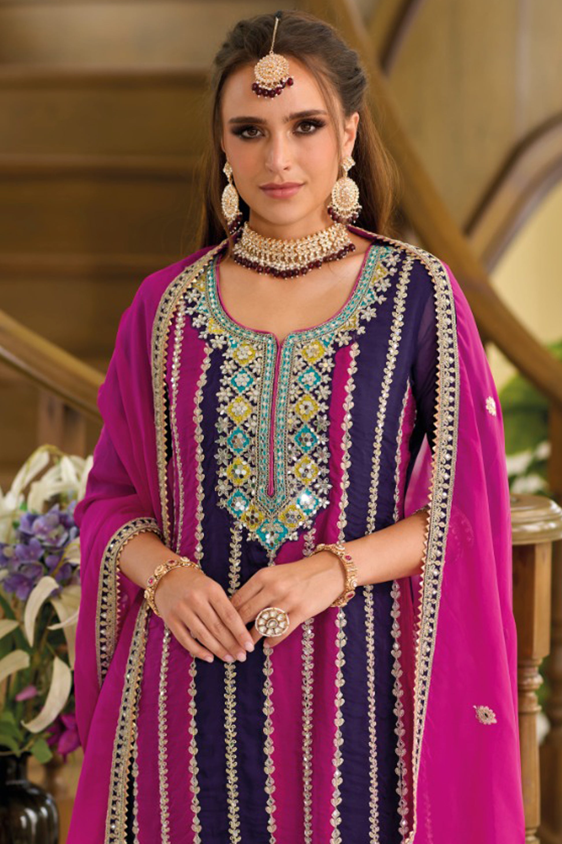 Pink salwar kameez set styled for festive event in USA