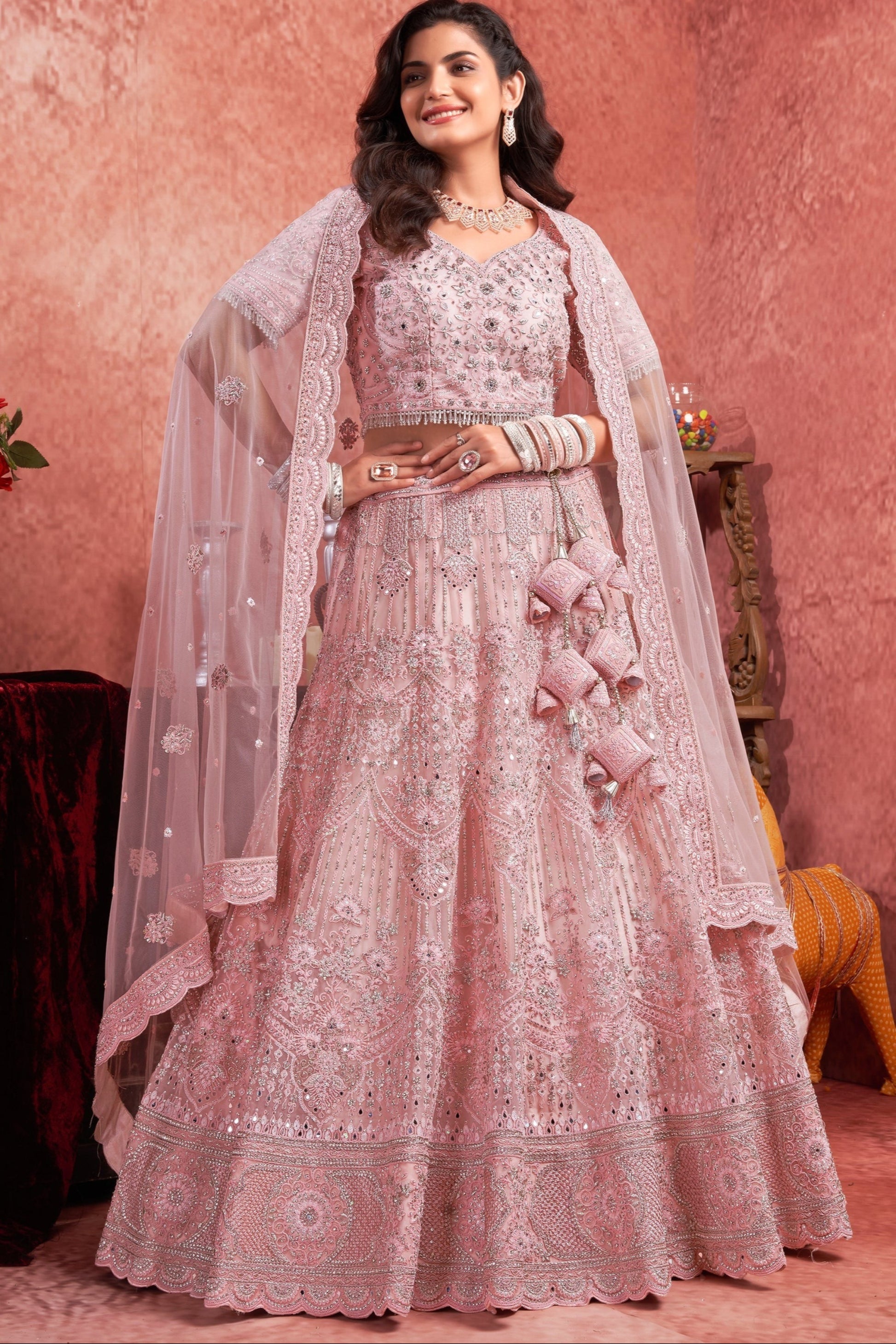 pink pakistani wedding wear lehenga choli front view