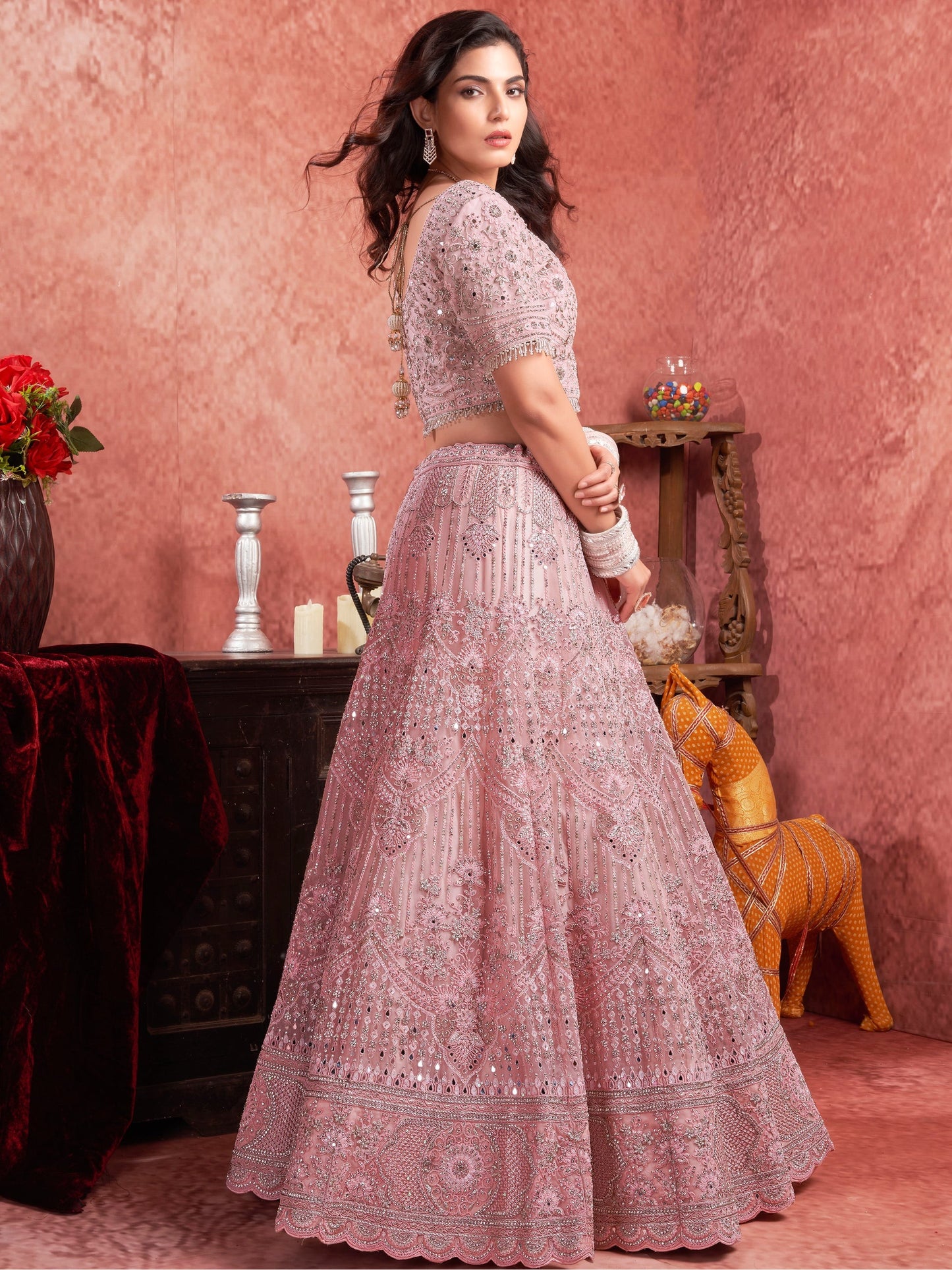 baby pink lehenga choli with net fabric drape