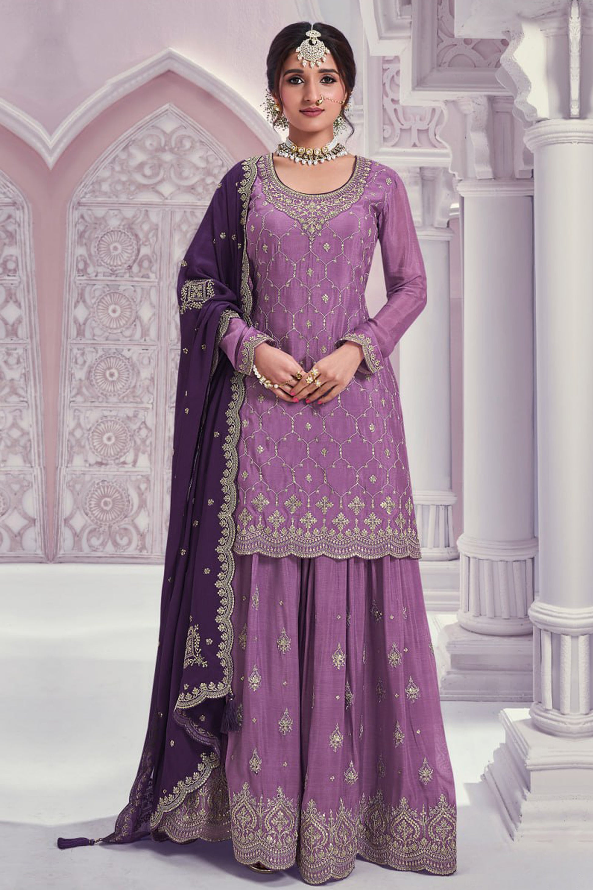Front view light pink palazzo dress indian with embroidery work