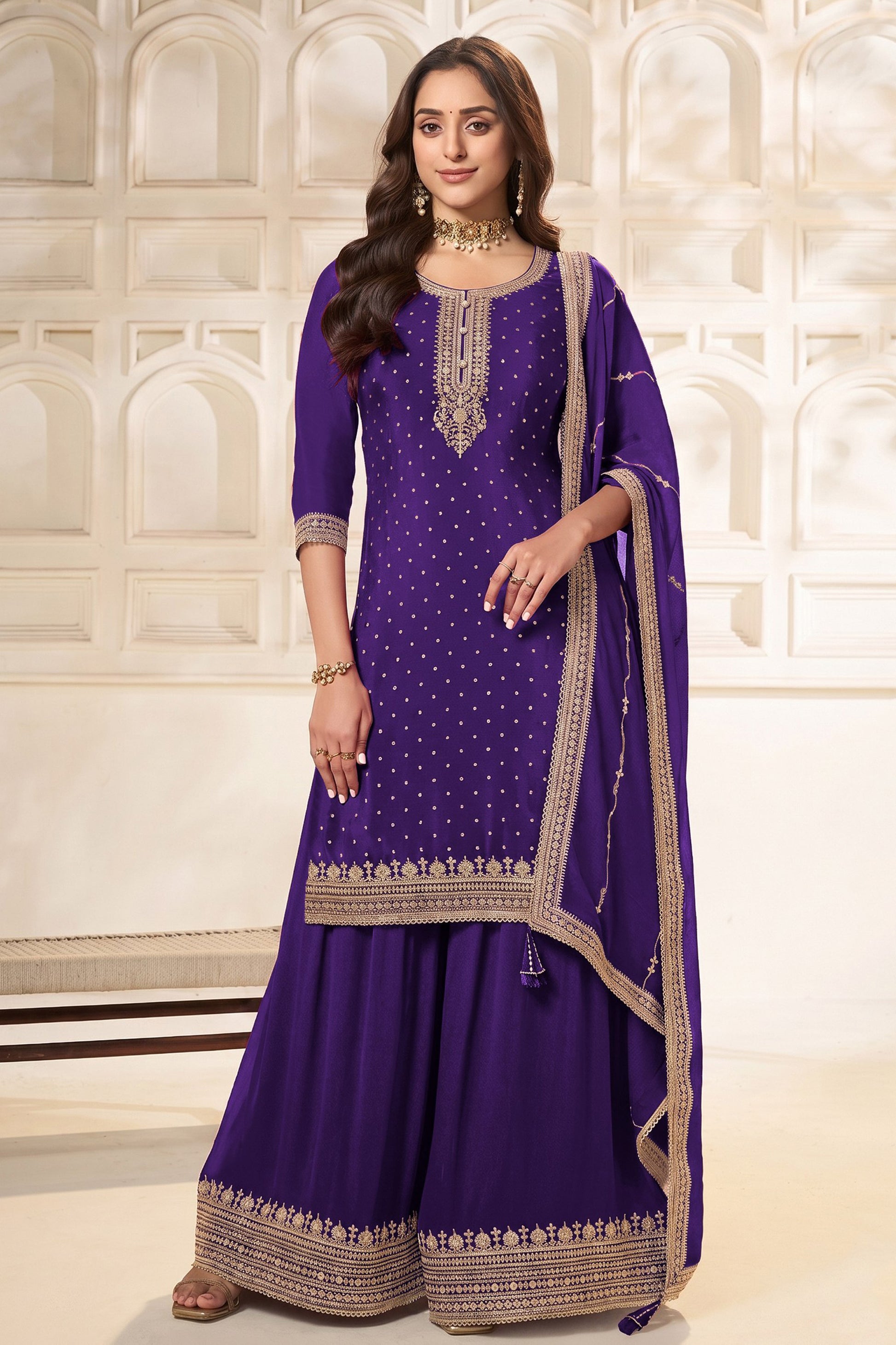 Purple palazzo pant suit front view with dupatta
