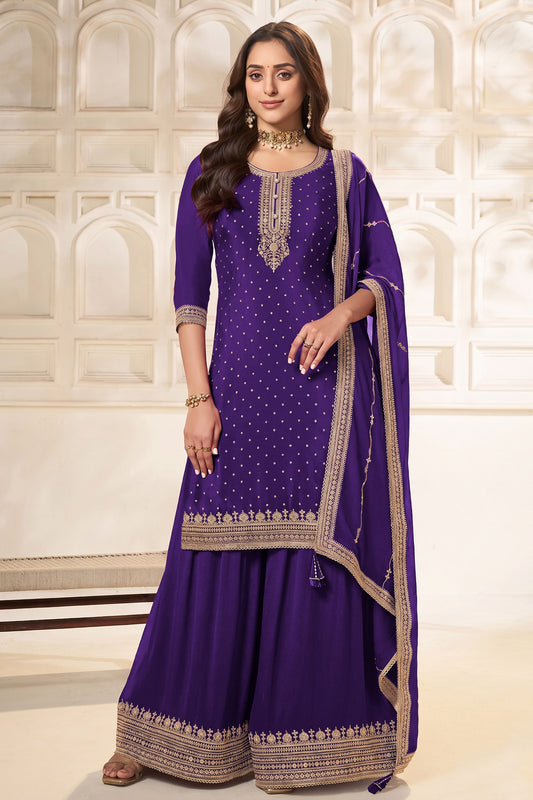 Purple palazzo pant suit front view with dupatta