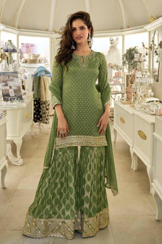 Green palazzo pants for women with embroidered kameez front view