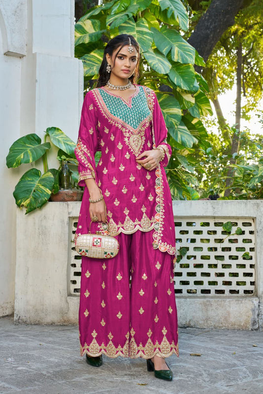 Woman Wearing Pink Palazzo Pants With Full Heavy Embroidery
