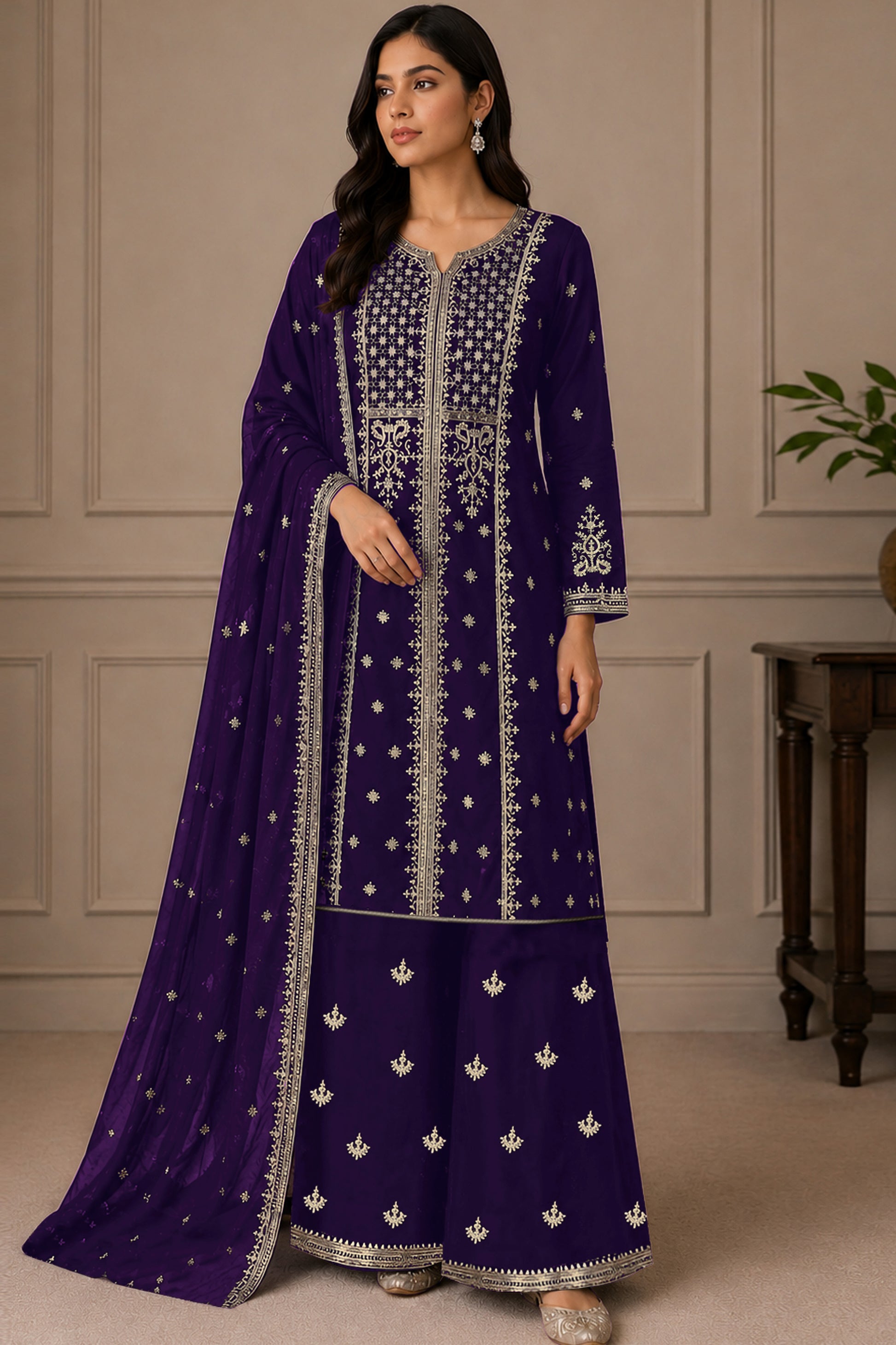 Front view of Royal Purple Georgette ready-to-wear outfit