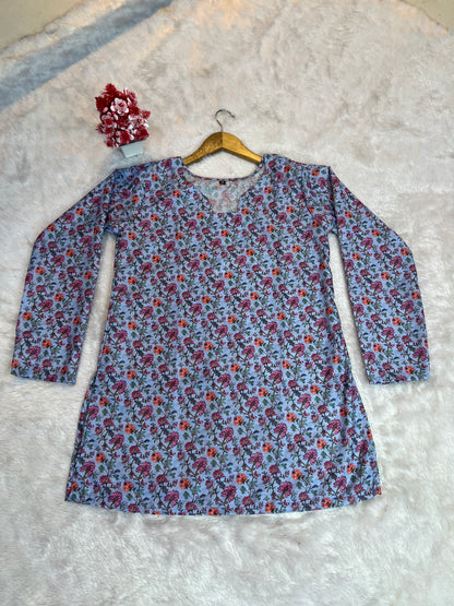 Lightweight summer top for women in printed blue fabric