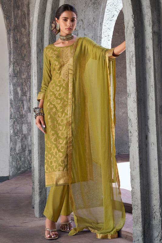 Yellow party wear salwar kameez full front view.