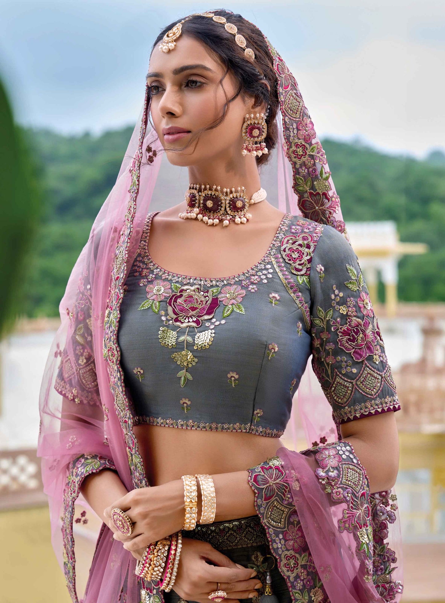 grey and gold lehenga embroidery close-up