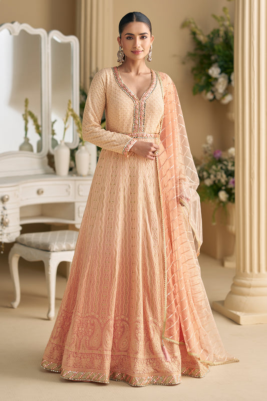 Peach anarkali front view with chikankari embroidery