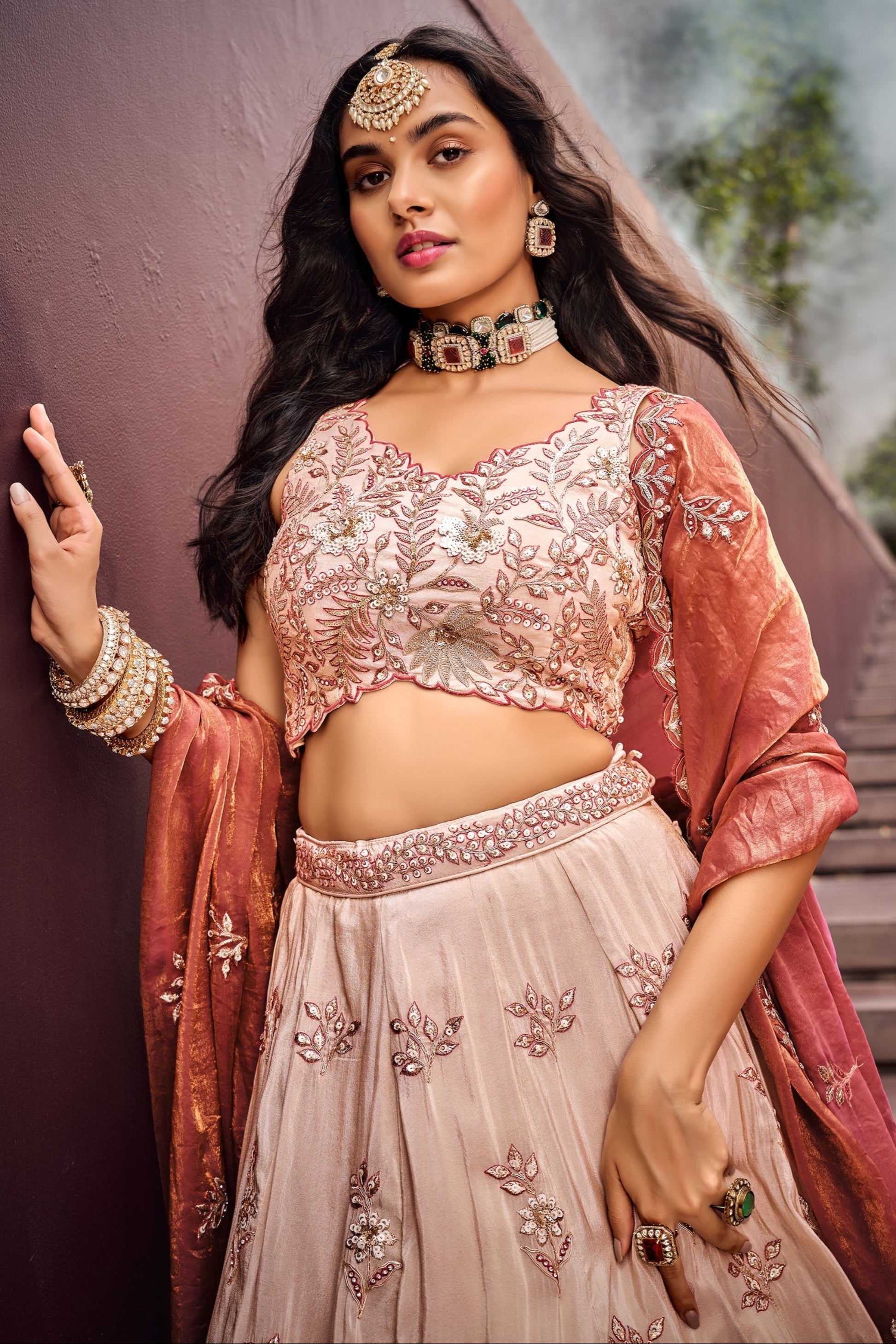 Embroidered choli blouse detail in Peach Beige tone