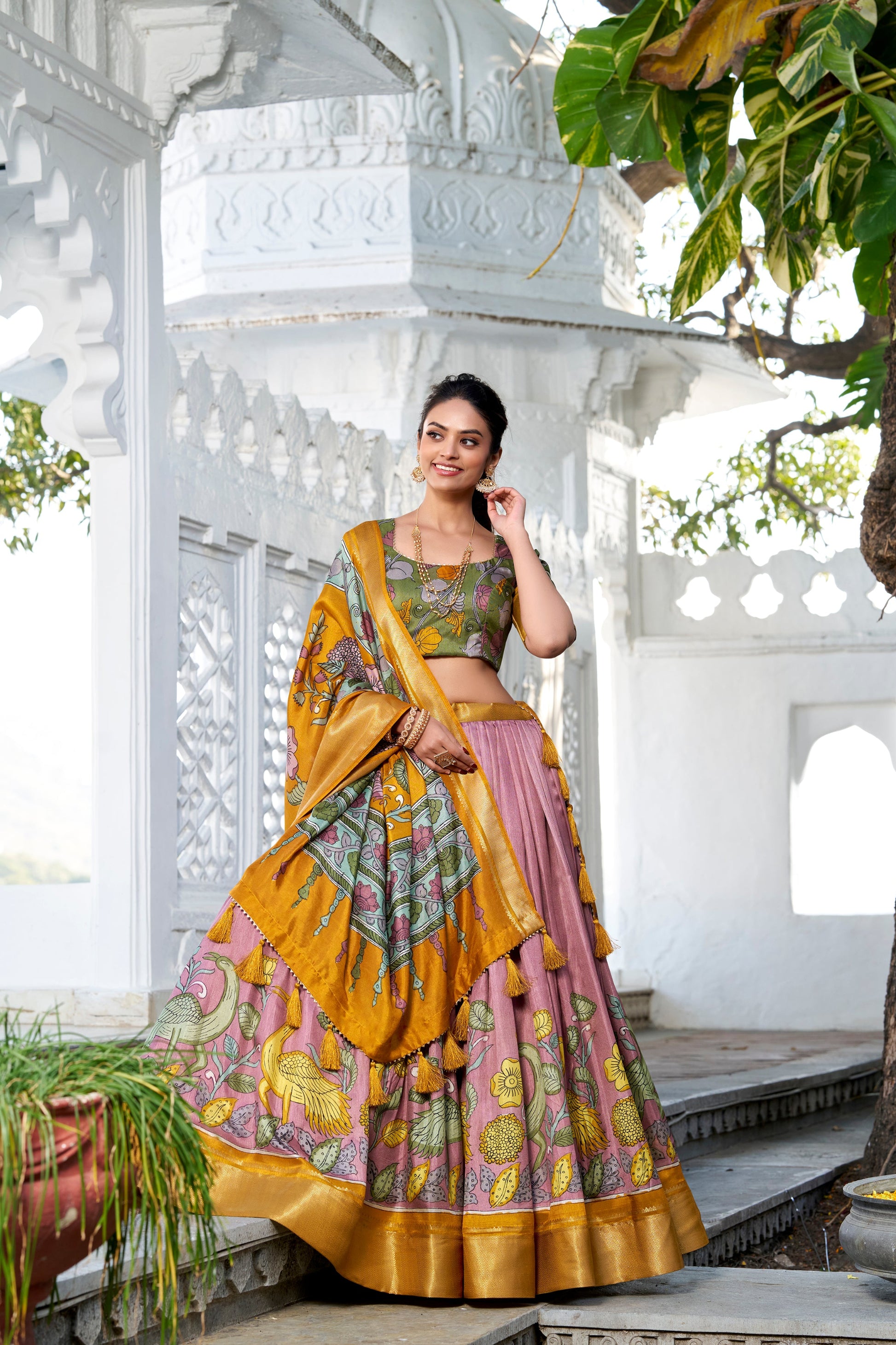 Peach lehenga choli with kalamkari print front profile