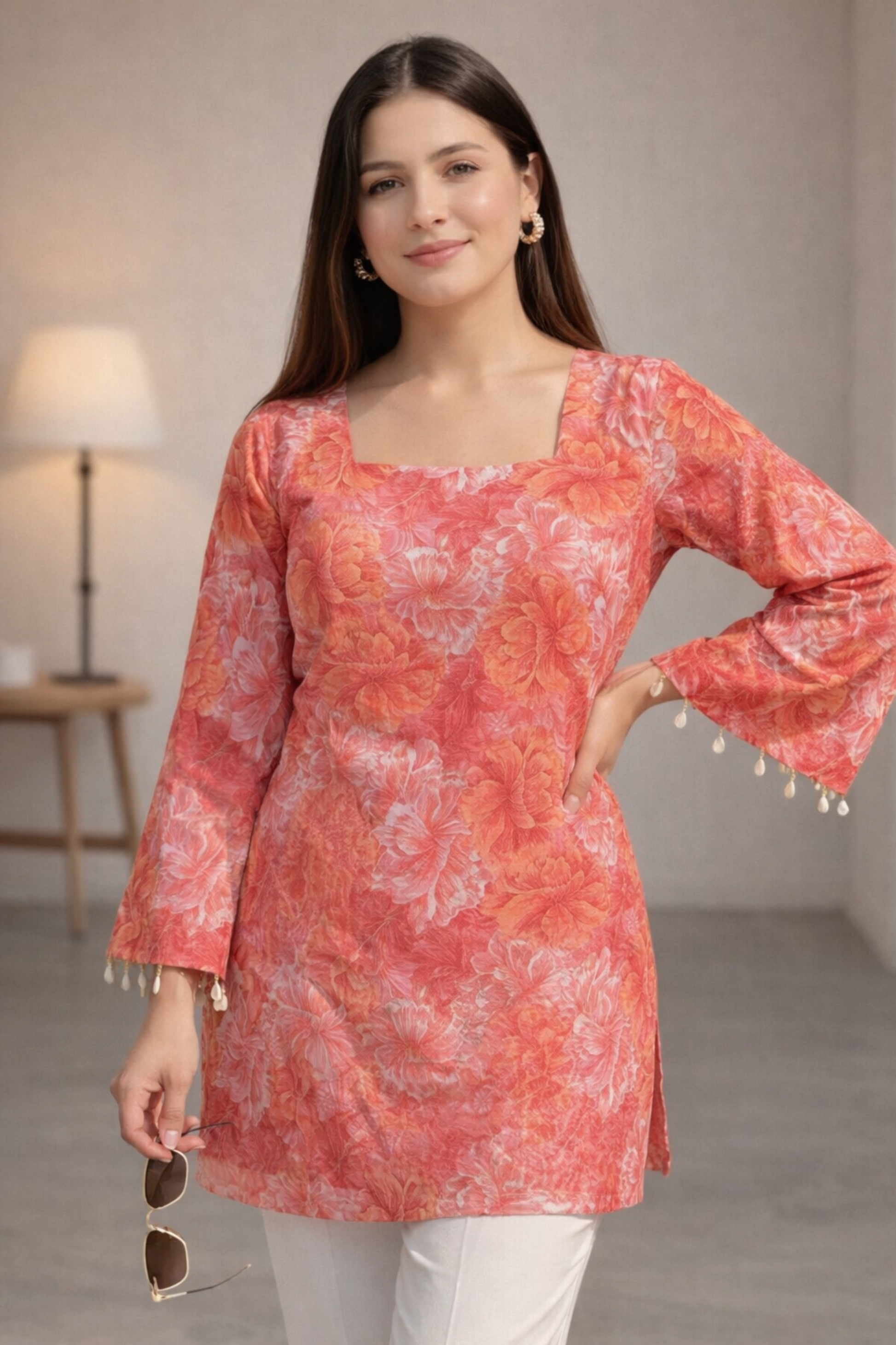 peach printed womens tunic tops half body portrait