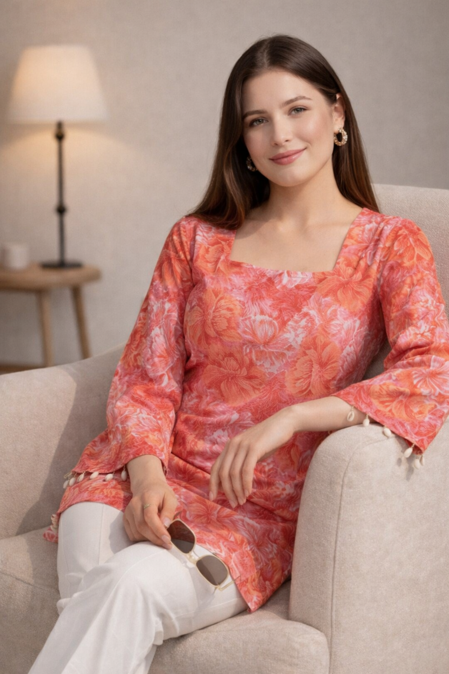 cotton floral tunic top for women seated indoor look