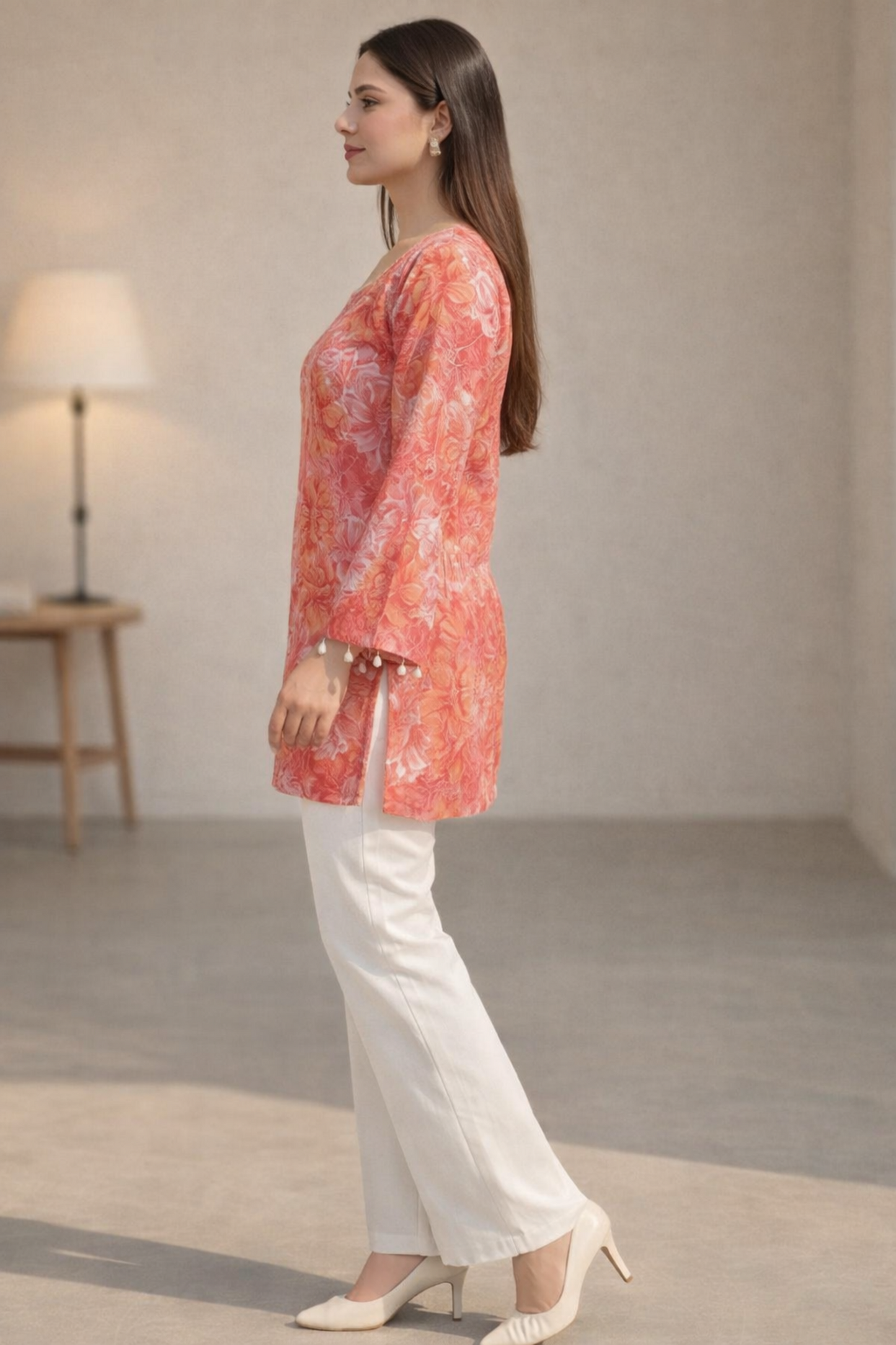 peach tunic tops for women side profile view