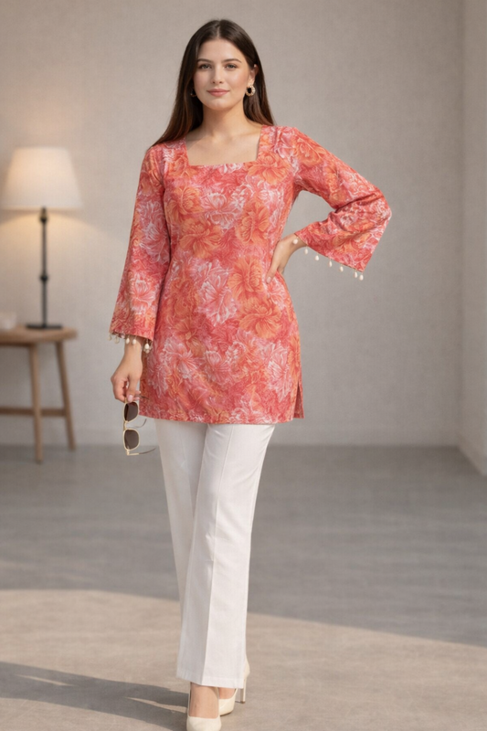 peach floral tops tunic front view with white pants