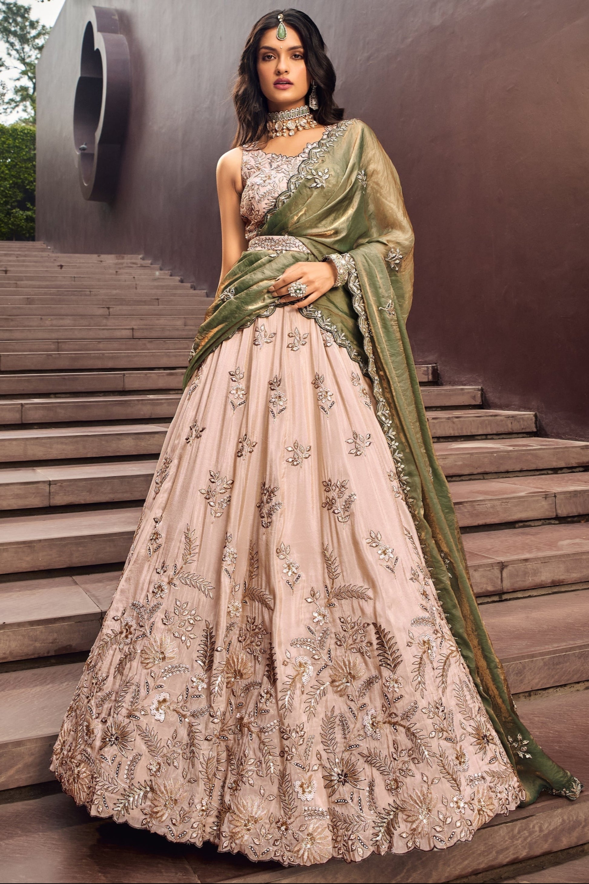 Peach lehenga choli full front view with embroidery