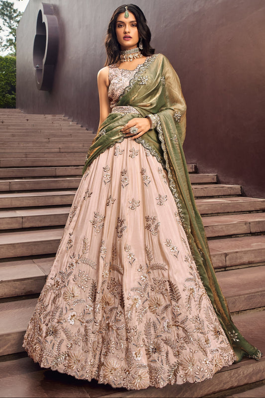 Peach lehenga choli full front view with embroidery