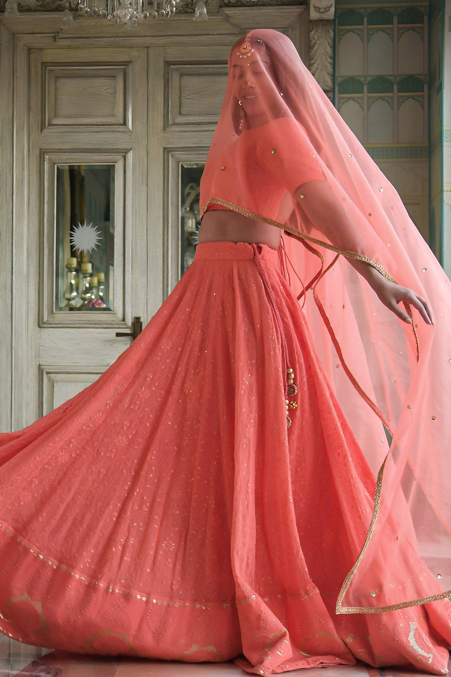 Sequins and thread embroidered lehenga with festive border