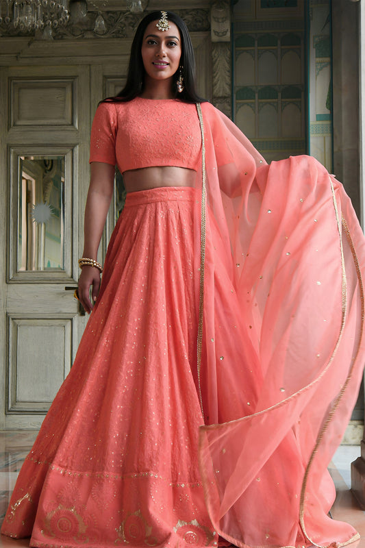 Peach Lehenga Choli with sequins embroidery and Gota Patti border