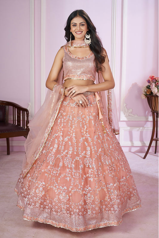 Peach lehenga inspired deep blue embroidered georgette set front view