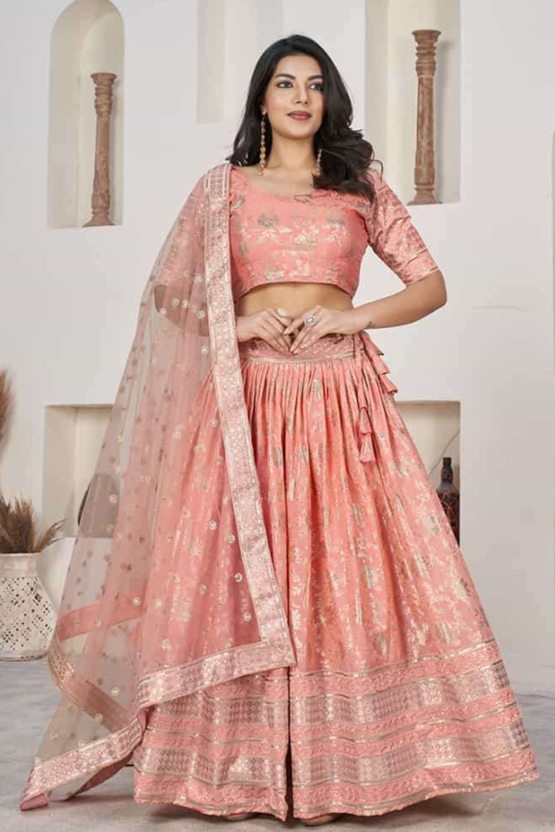 Peach lehenga designs choli full front view with net fabric