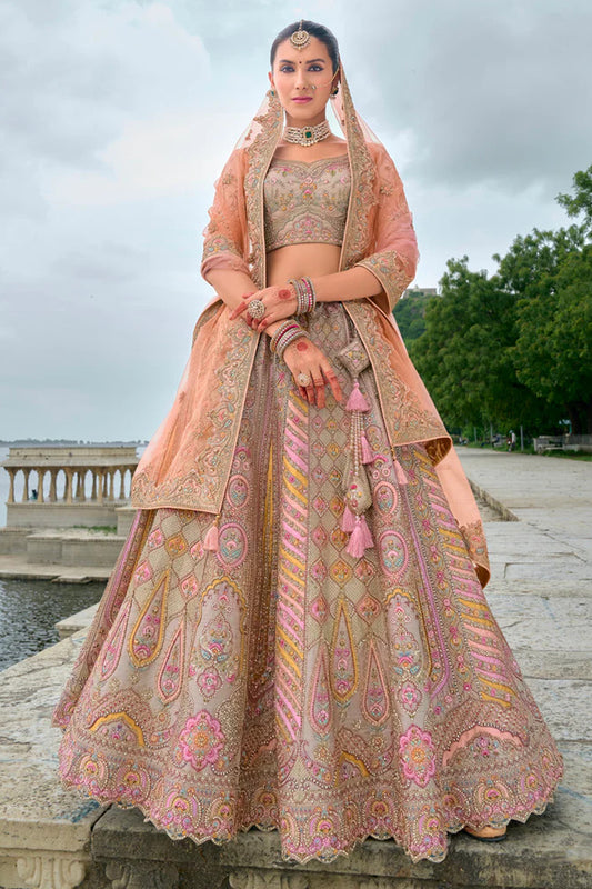 Peach lehenga with heavy sequins embroidery front view