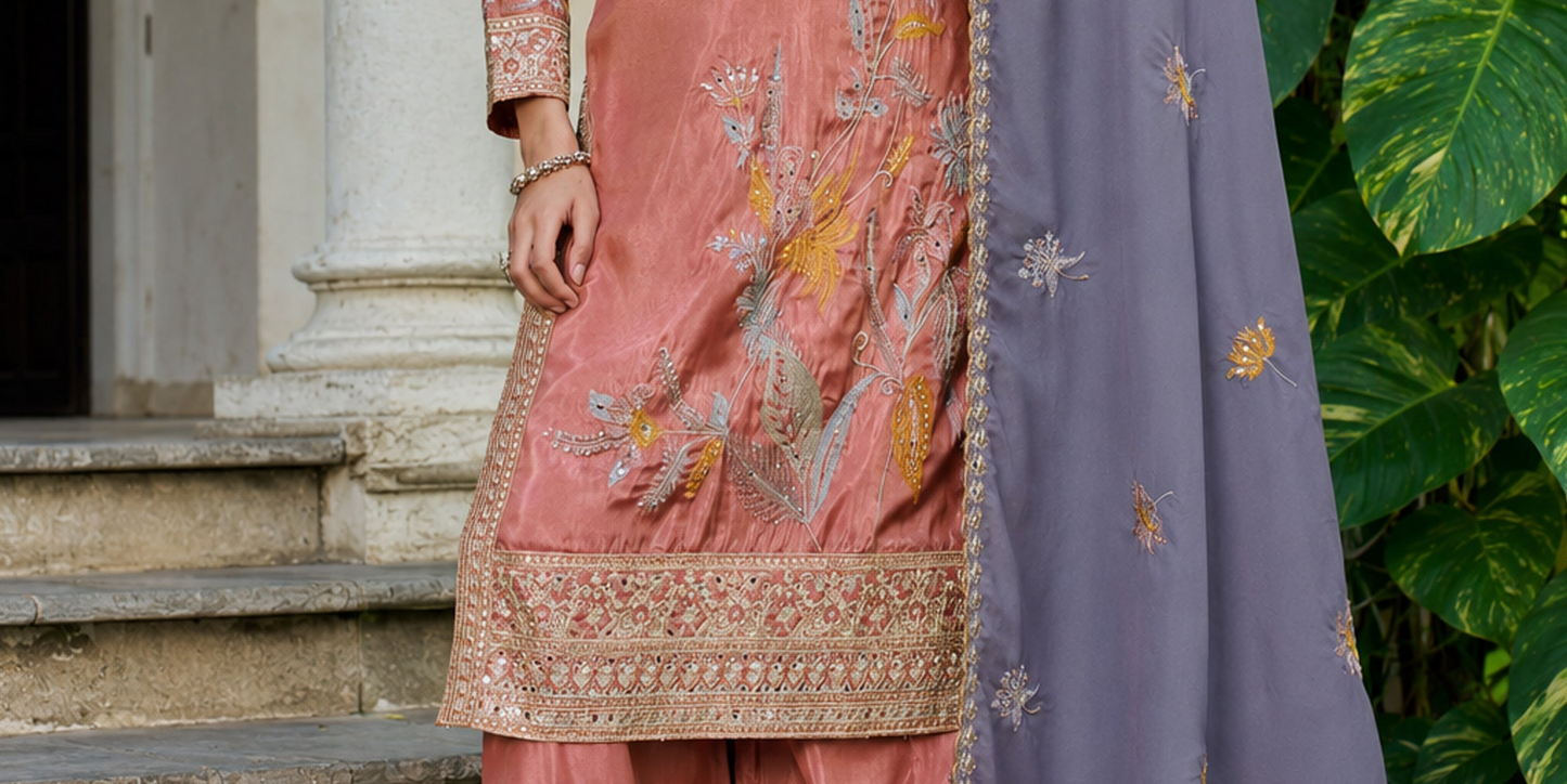 Peach Ethnic Palazzo Clothes With Jari And Dhaga Work
