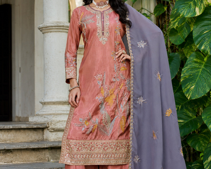 Peach Plazzo Suit Styled With Contrasting Dupatta