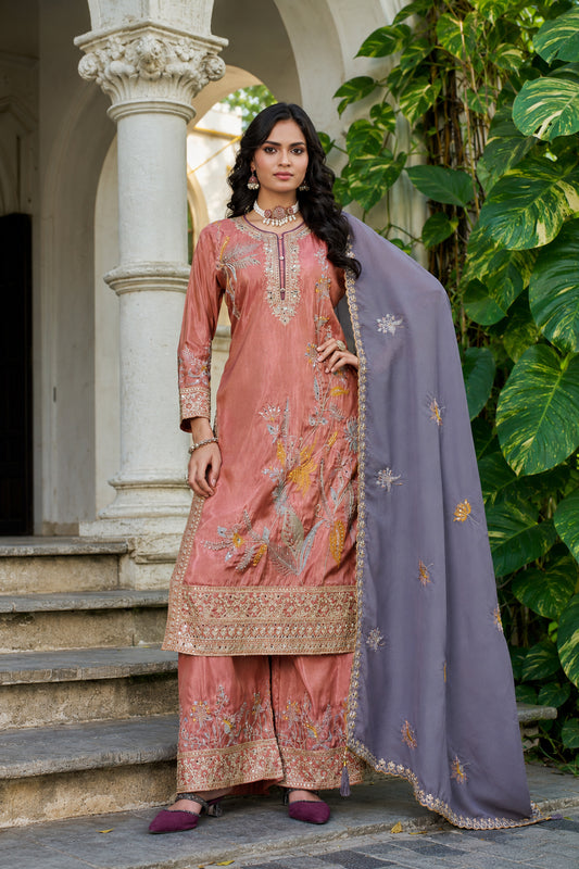 Woman Wearing Peach Plazzo Suit With Sequence And Dori Work
