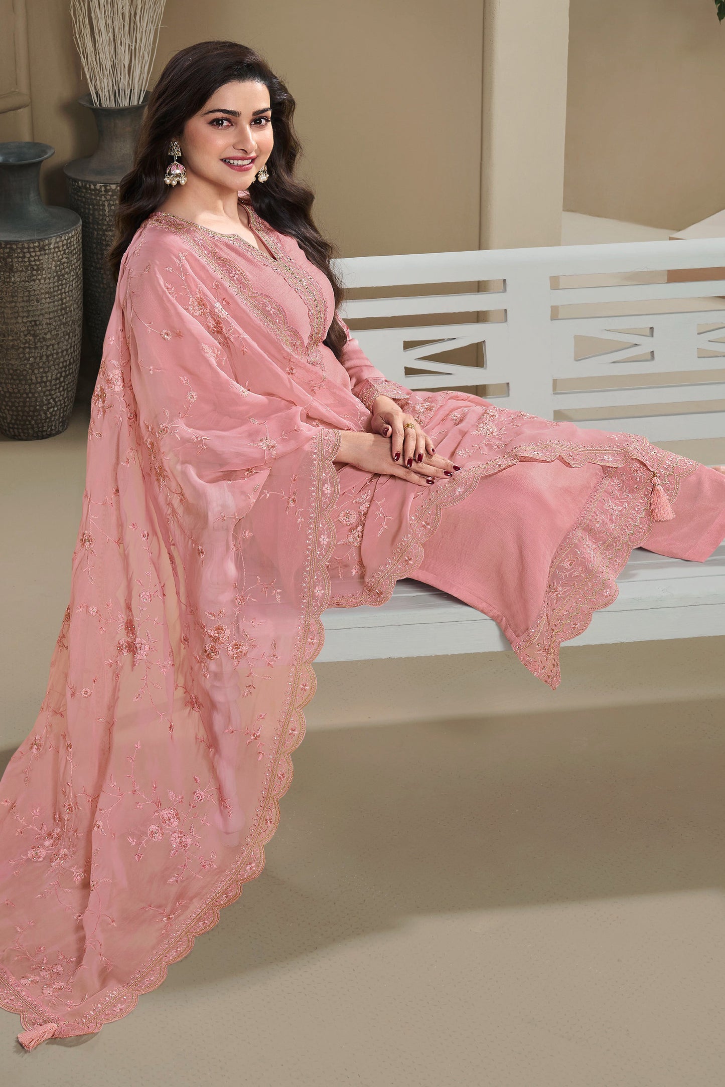 Beautiful Drape of Peach dupatta with pakistani style salwar kameez