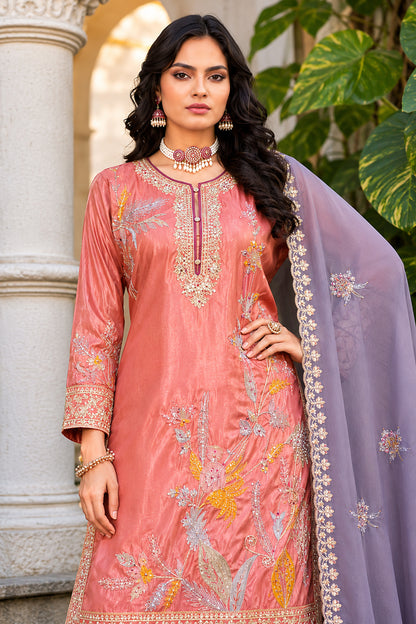 Peach Simmer Palazzo Outfit With Embroidery Border Detailing