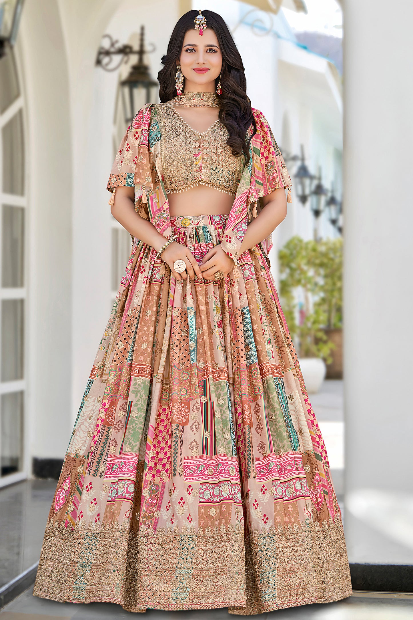 Chinnon silk lehenga choli with detailed embroidery pattern
