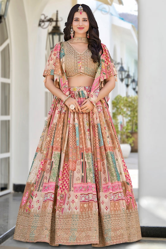 Chinnon silk lehenga choli with detailed embroidery pattern