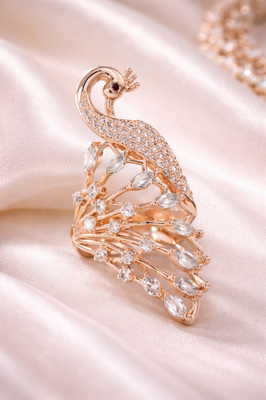 luxury crystal peacock design ring close up
