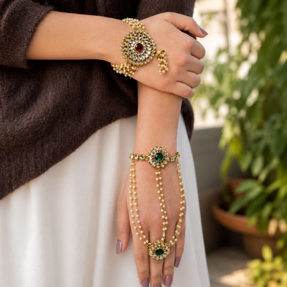 pearl chain hand harness jewelry with floral design