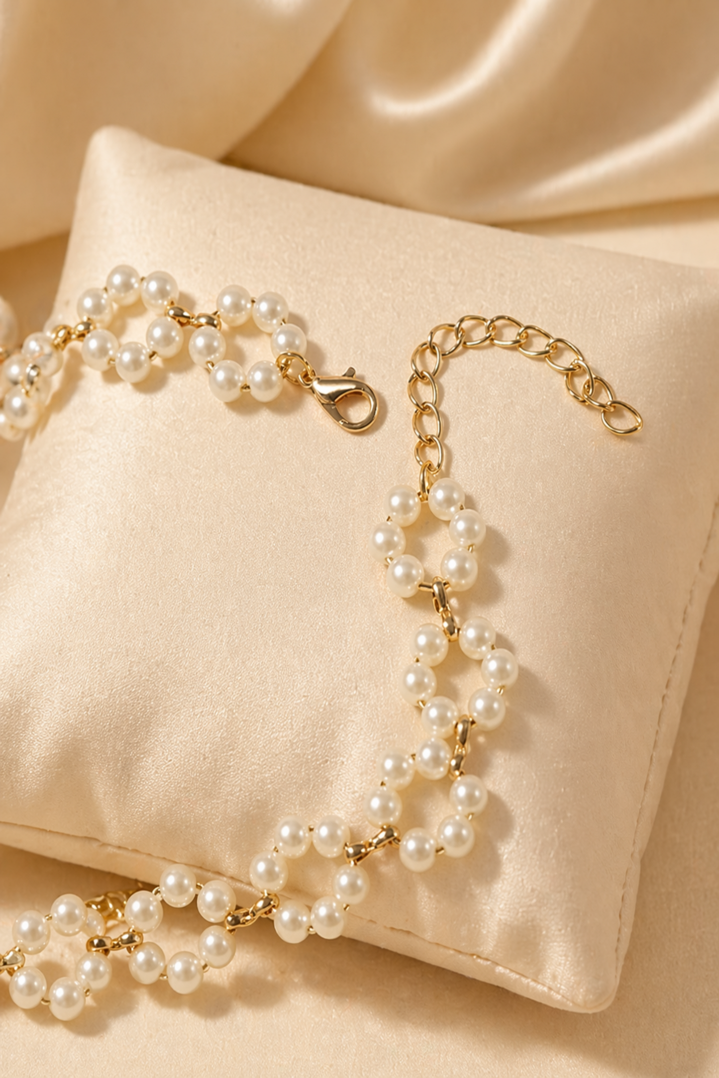 minimalist pearl necklace styled on neck