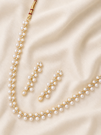 gold tone pearl choker necklace with drop earrings