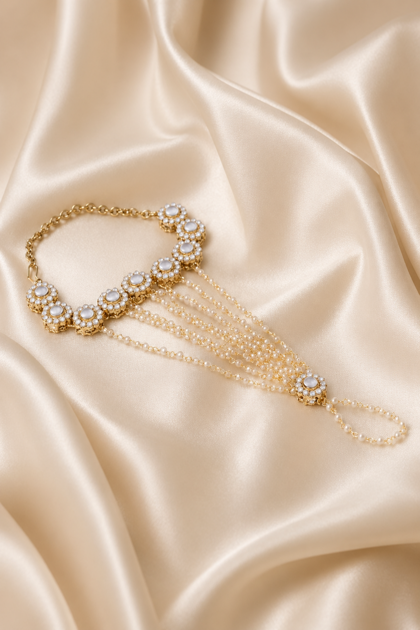 gold finish bracelet with pearl accents and drop chains
