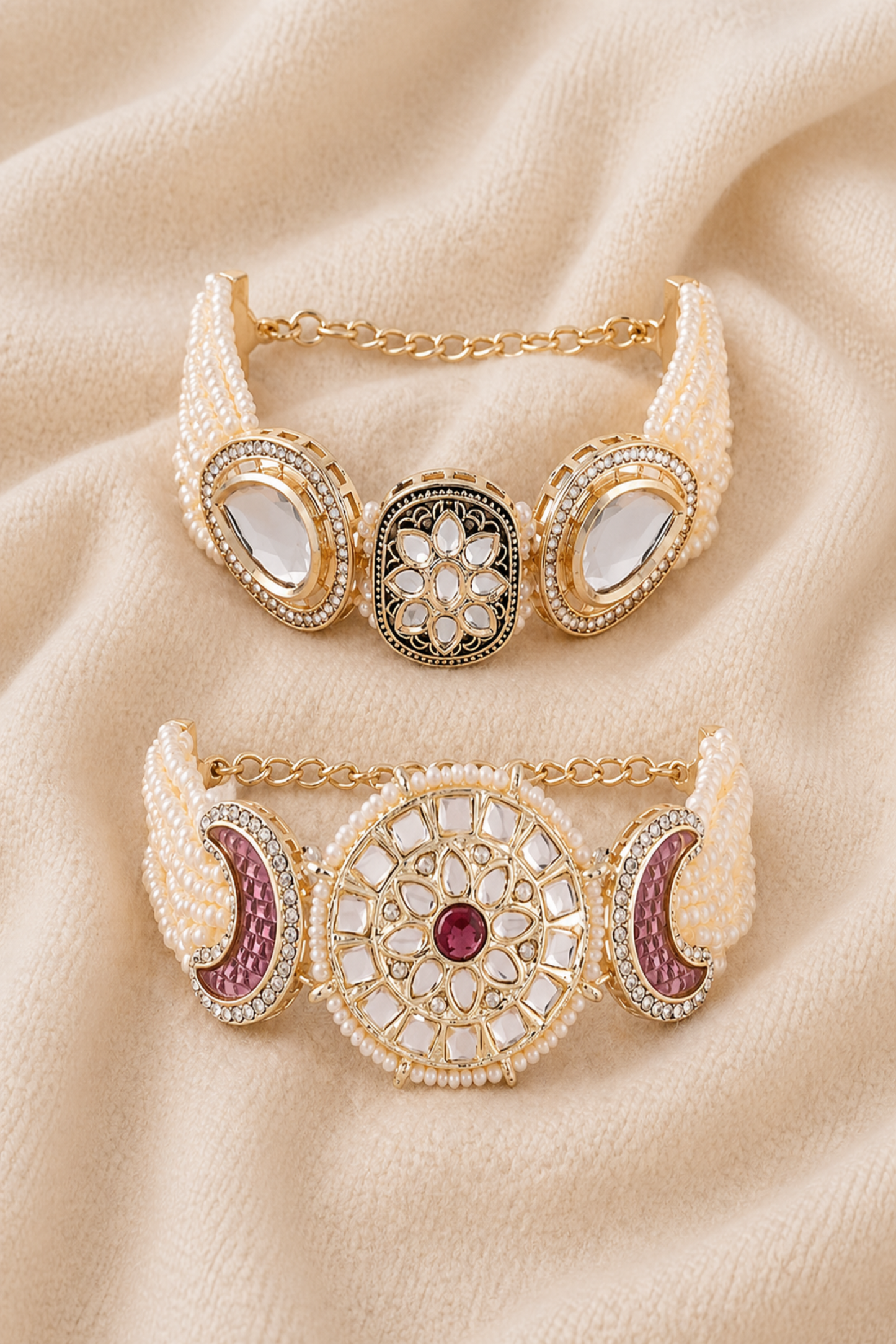 pearl statement bracelet with multi stone design on wrist