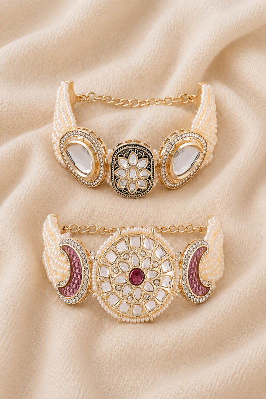 pearl statement bracelet with multi stone design on wrist