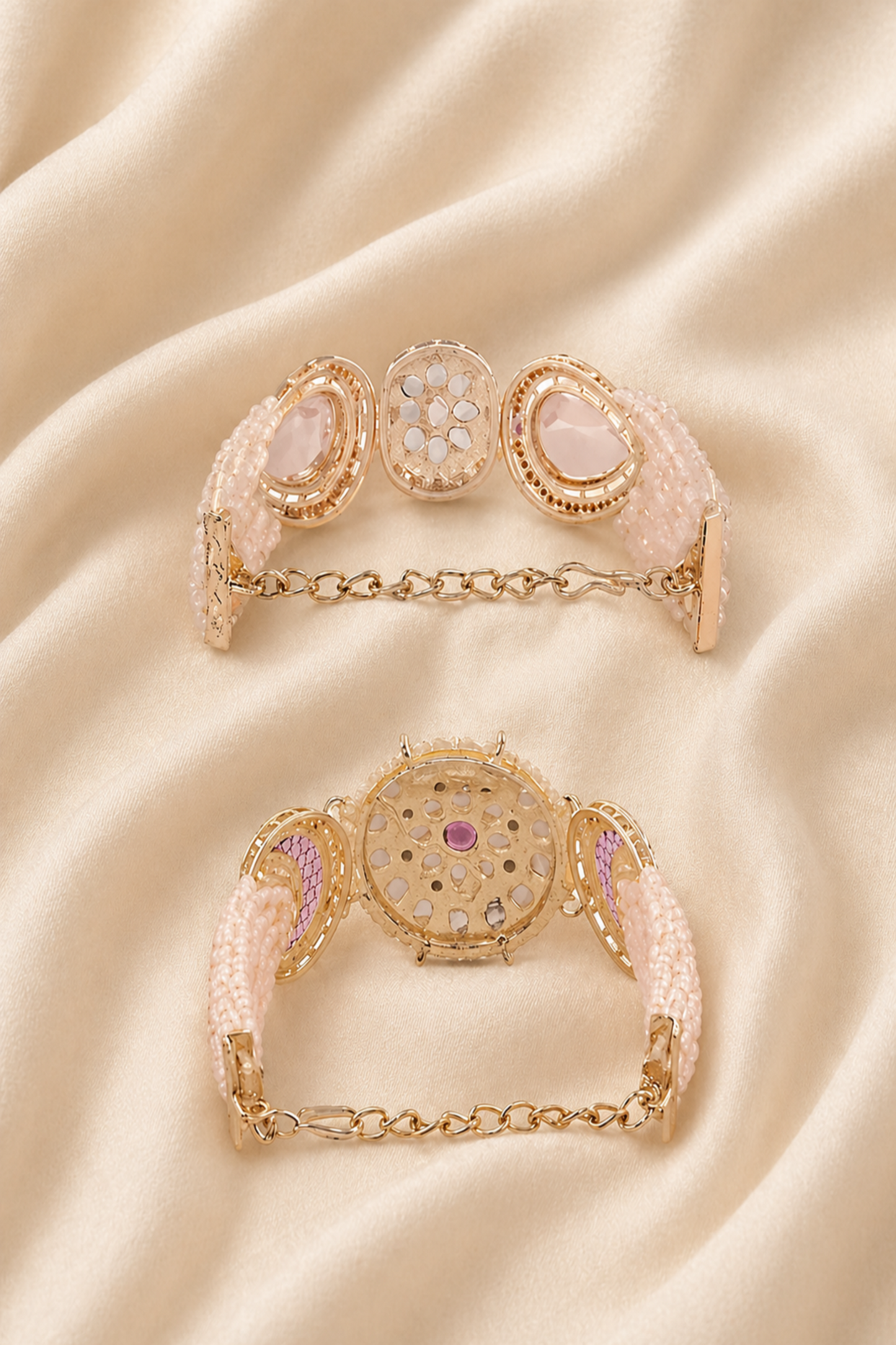 ornate bracelet with pink and clear stone accents