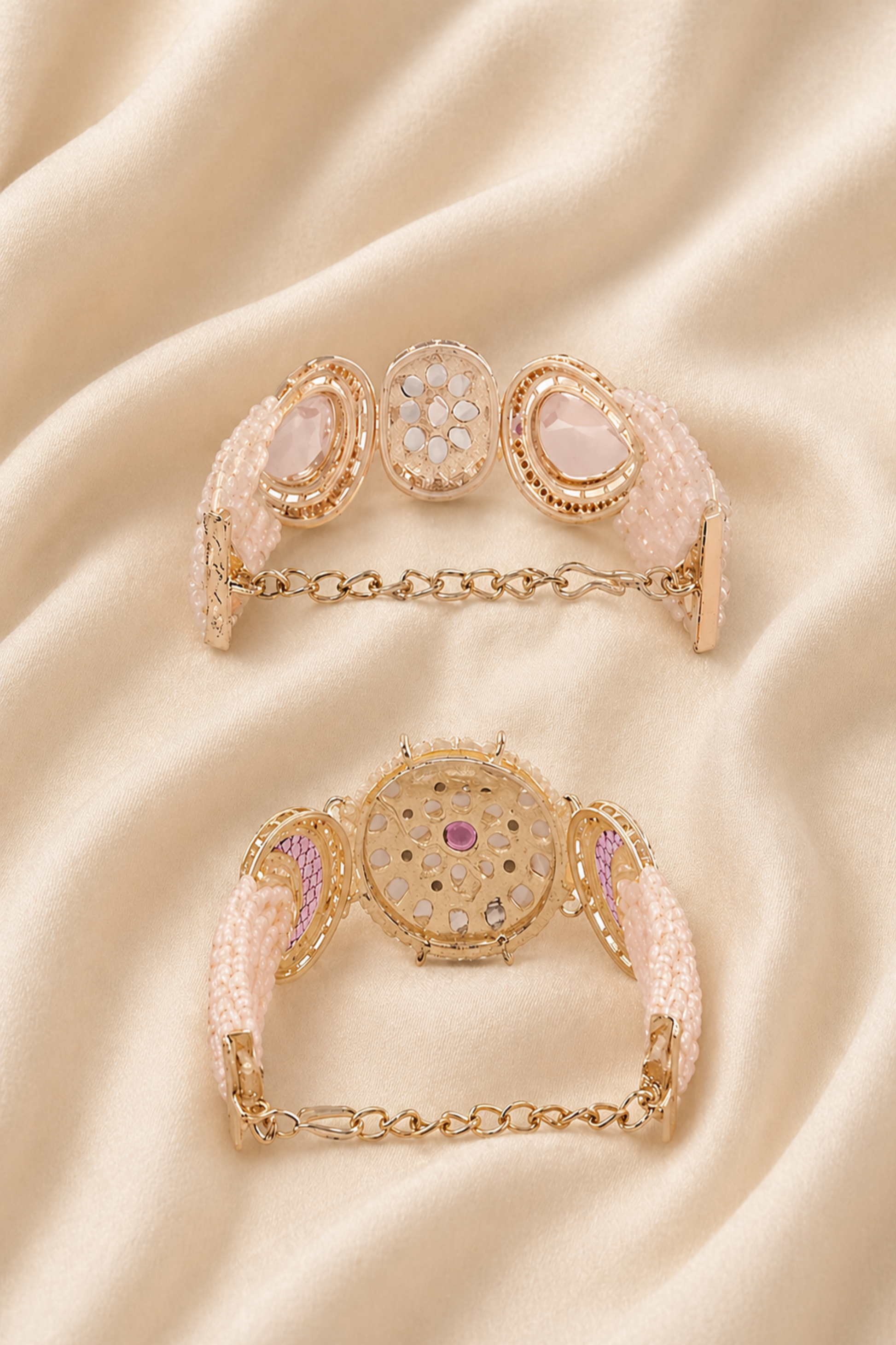 ornate bracelet with pink and clear stone accents