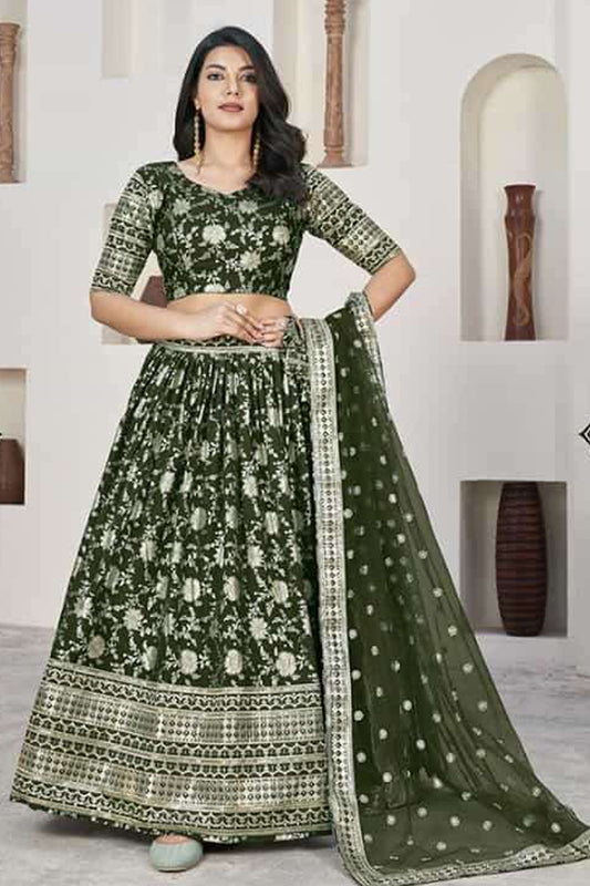 Green net lehenga choli front view with sequins work