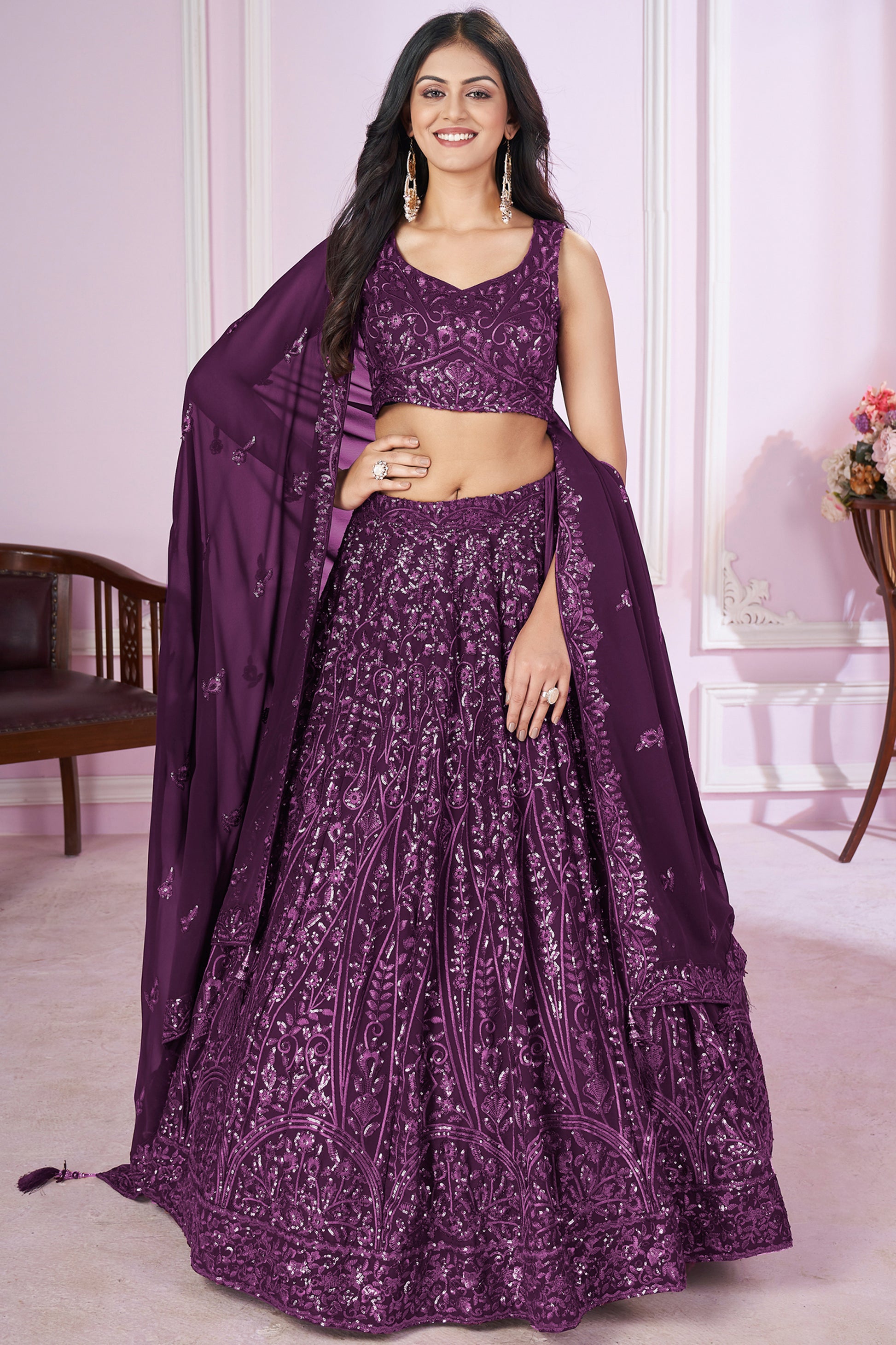 purple lehenga choli with petite coat under dress front view